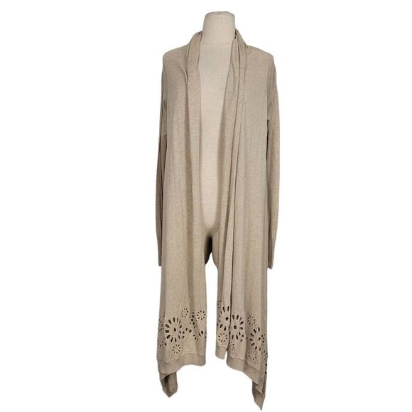 Escada Tan Cream Wrap Cardigan Sweater Sz XS Asymmetrical Front Eyelet Silk Blen - Picture 1 of 8